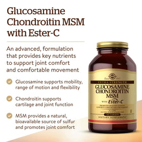 Tablettes Solgar Extra Strength Glucosamine Chondroitin MSM sur fond blanc
