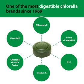 Tablettes Sun Chlorella avec des légumes frais en arrière-plan