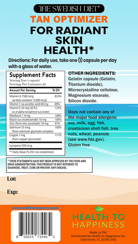 Tan Optimizer de The Swedish Diet – vue arrière de l'emballage