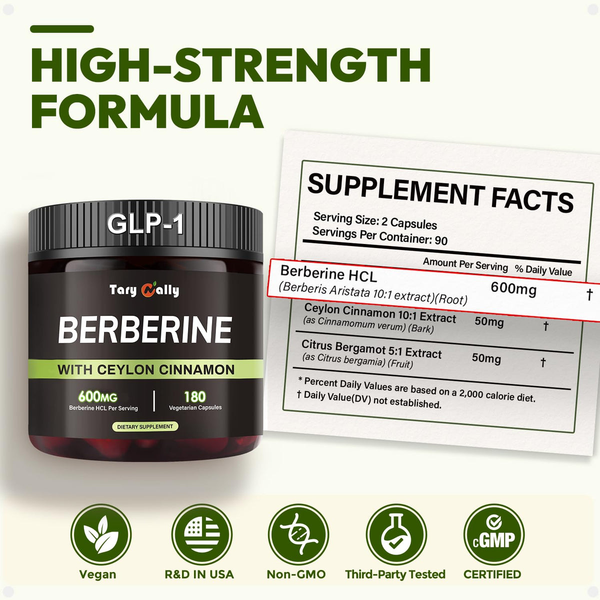Tary Nally Liposomal Berberine 600mg bouteille ouverte avec capsules