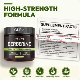 Tary Nally Liposomal Berberine 600mg bouteille ouverte avec capsules