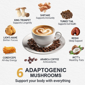 Tasse de café aux champignons Buporai avec mousse sur le dessus