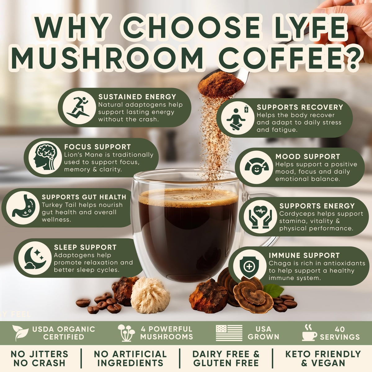 Tasse de café instantané aux champignons LYFE sur une table