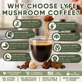 Tasse de café instantané aux champignons LYFE sur une table