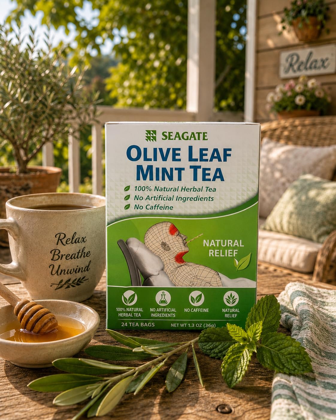 Tasse de Thé aux Feuilles d'Olivier Menthe avec des feuilles fraîches
