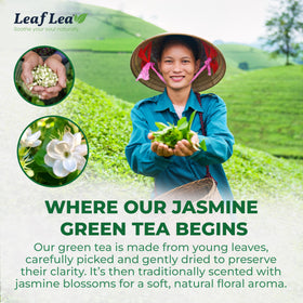 Tasse de thé vert jasmin LeafLea sur une table en bois