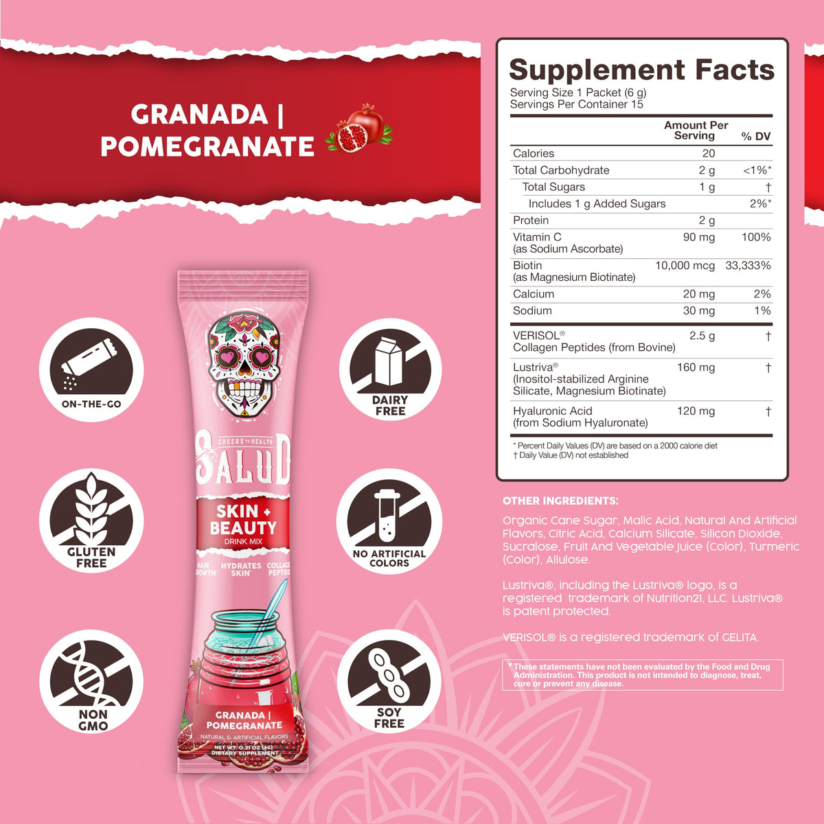 Taste Salud Mix Boisson Beauté 2-en-1 Grenade sachet ouvert avec poudre