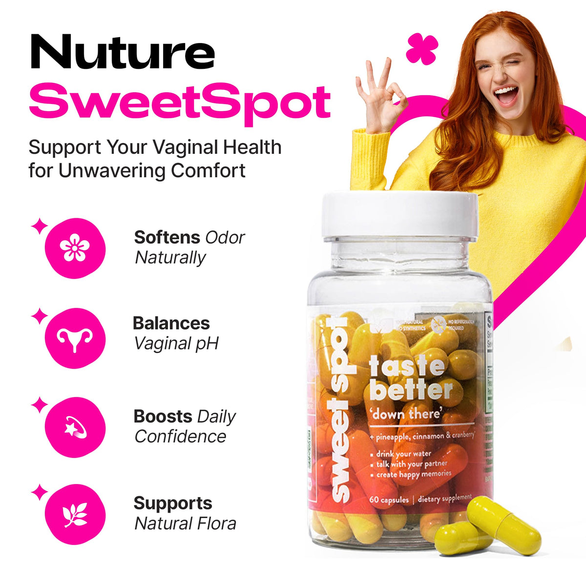 TASTE THE SWEET SPOT Complément Alimentaire Santé Vaginale 60 Capsules côté