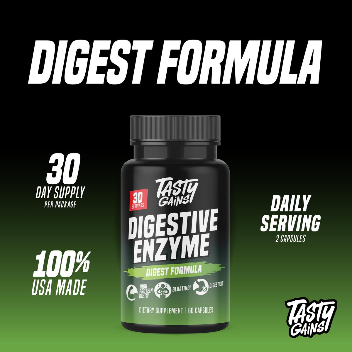 TASTY GAINS Complément Alimentaire Enzymes daily 60 Capsules sur fond neutre