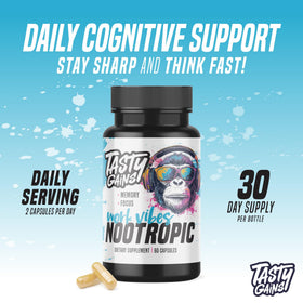TASTY GAINS complément nootropique à côté d'un ordinateur portable