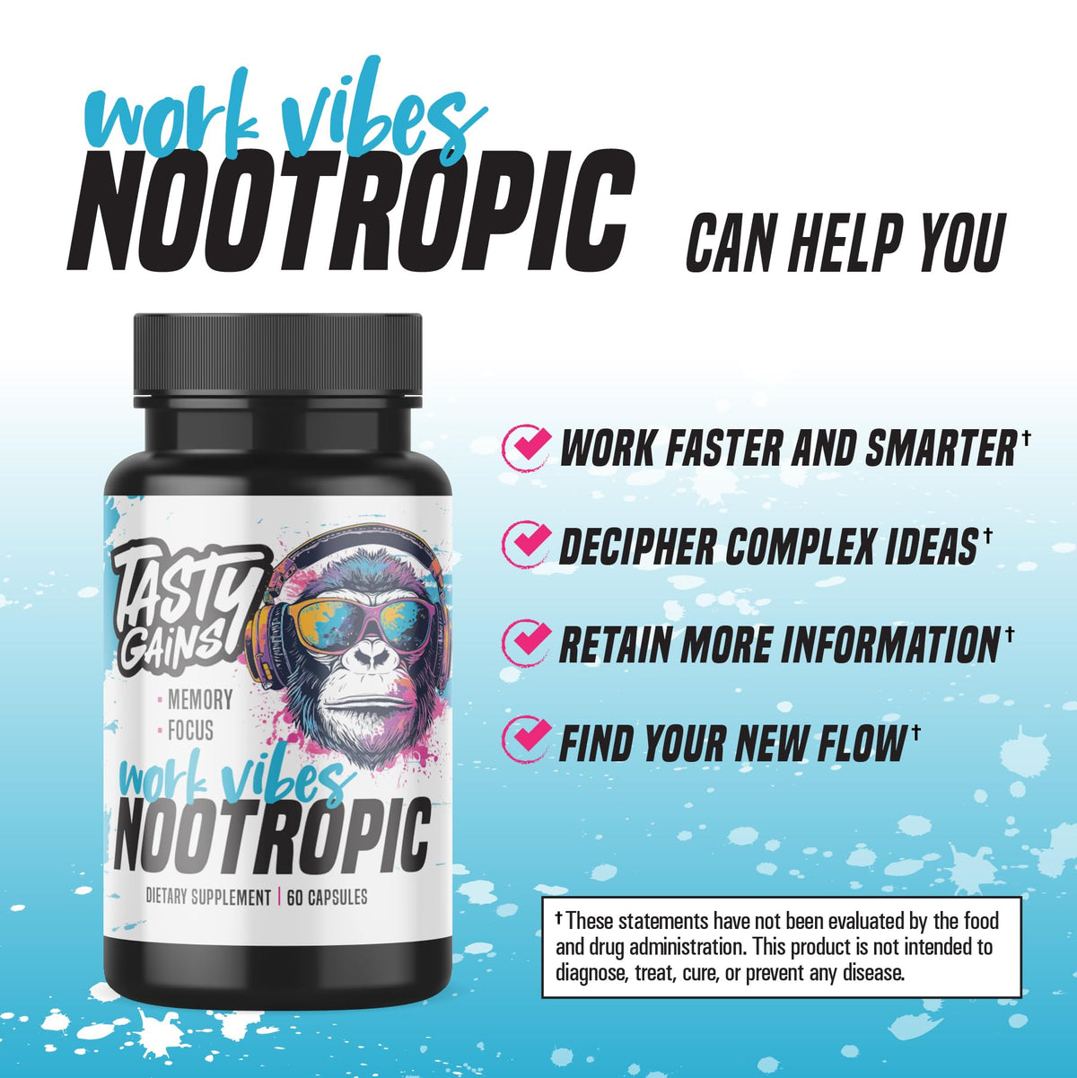 TASTY GAINS complément nootropique avec un verre d'eau et une assiette
