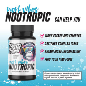 TASTY GAINS complément nootropique avec un verre d'eau et une assiette