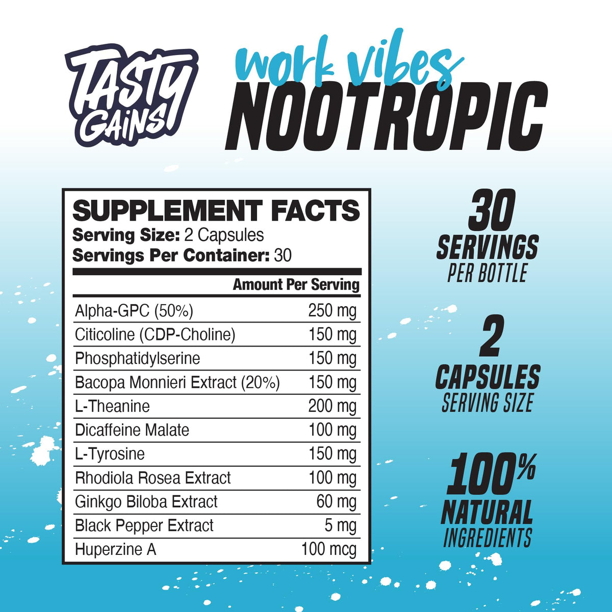 TASTY GAINS complément nootropique capsules sur une table