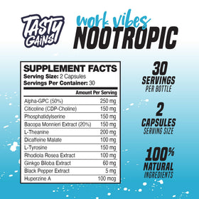 TASTY GAINS complément nootropique capsules sur une table