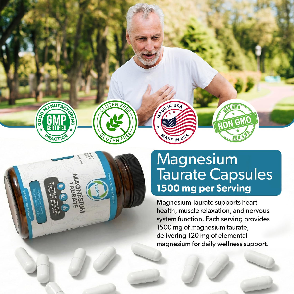 Taurate de magnésium TRUEMED avec une main tenant une capsule