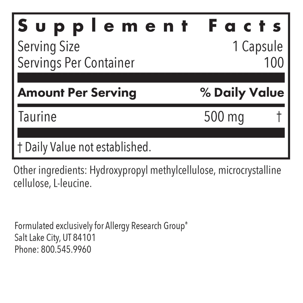Taurine 500 mg en capsules avec étiquette visible
