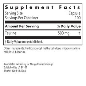 Taurine 500 mg en capsules avec étiquette visible