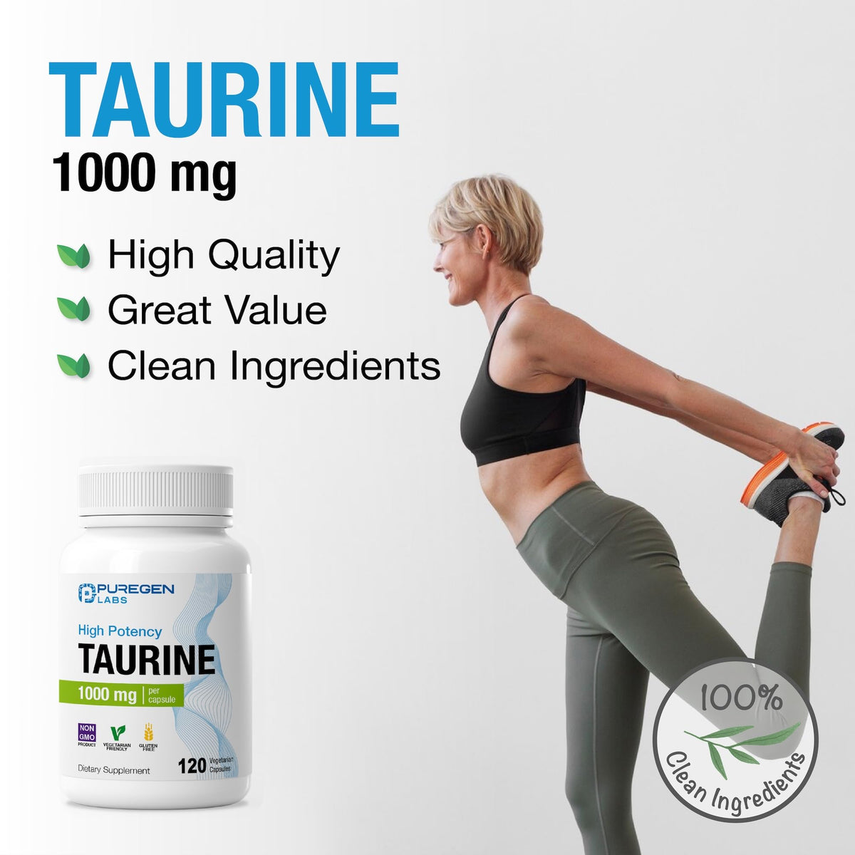 Taurine Puregen Labs, capsules et ingrédients sur une table