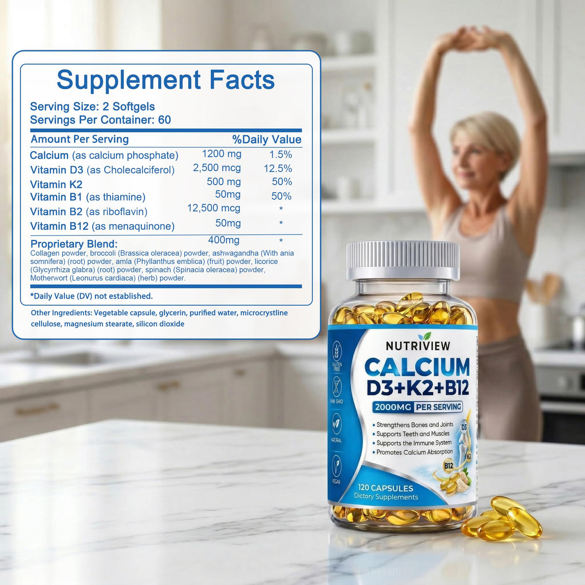 TAWODIUM Calcium D3 + K2 + B12 capsules avec étiquette détaillée