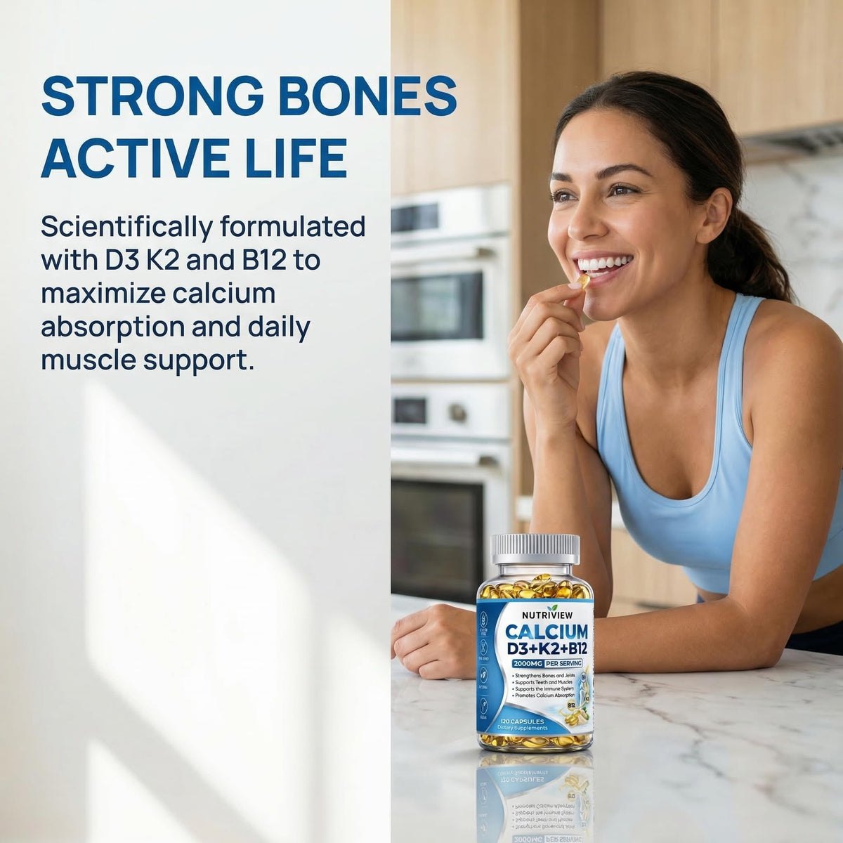 TAWODIUM Nutriview Calcium D3 + K2 + B12 capsules en mode lifestyle