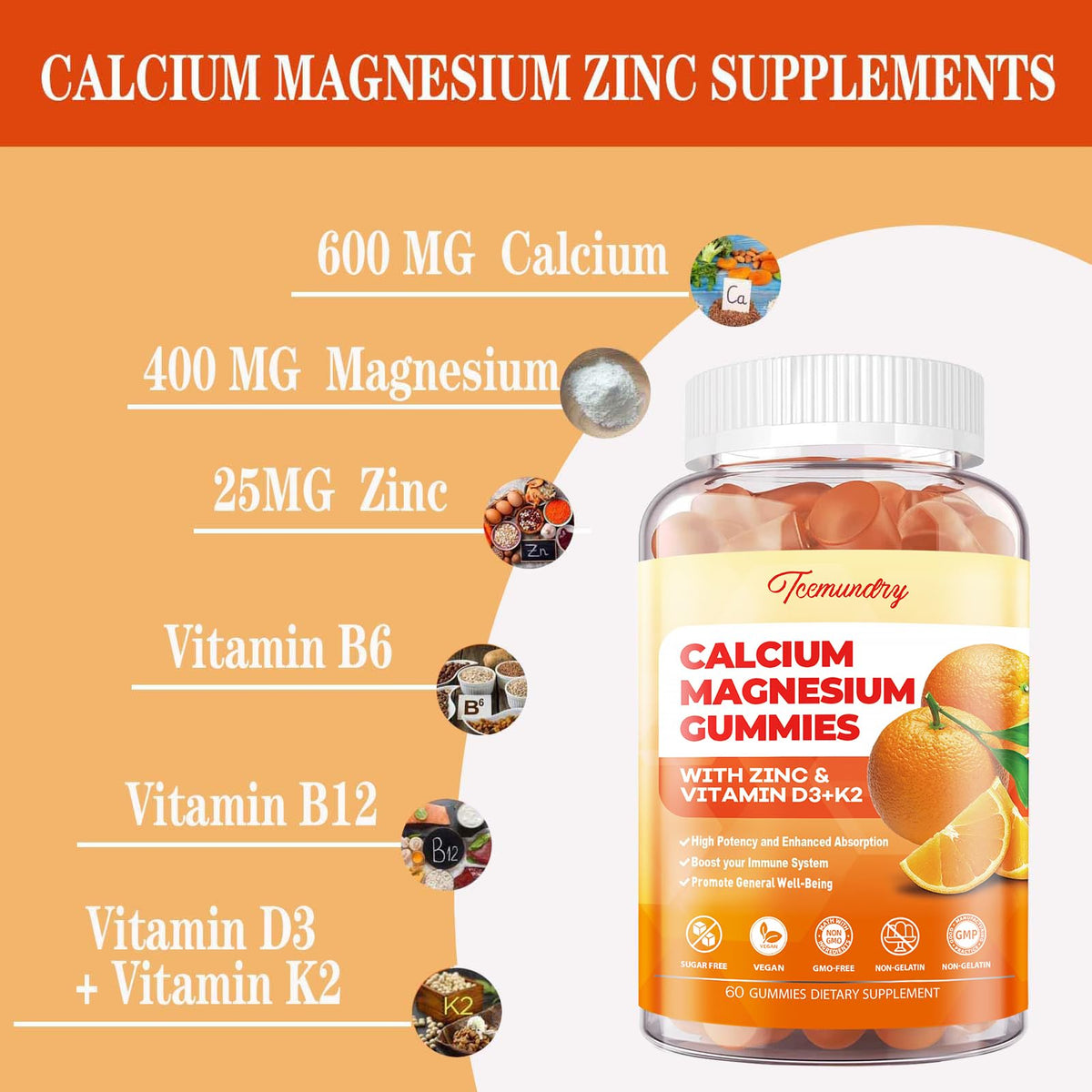 Tcemundry Gummies Calcium Magnésium Zinc portion de 2 gummies