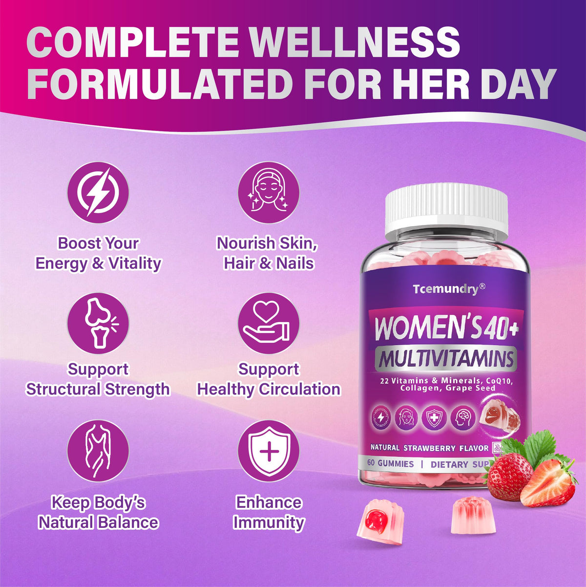 Tcemundry Multivitamine Methylée Femme 40+ Gummy avec d'autres compléments