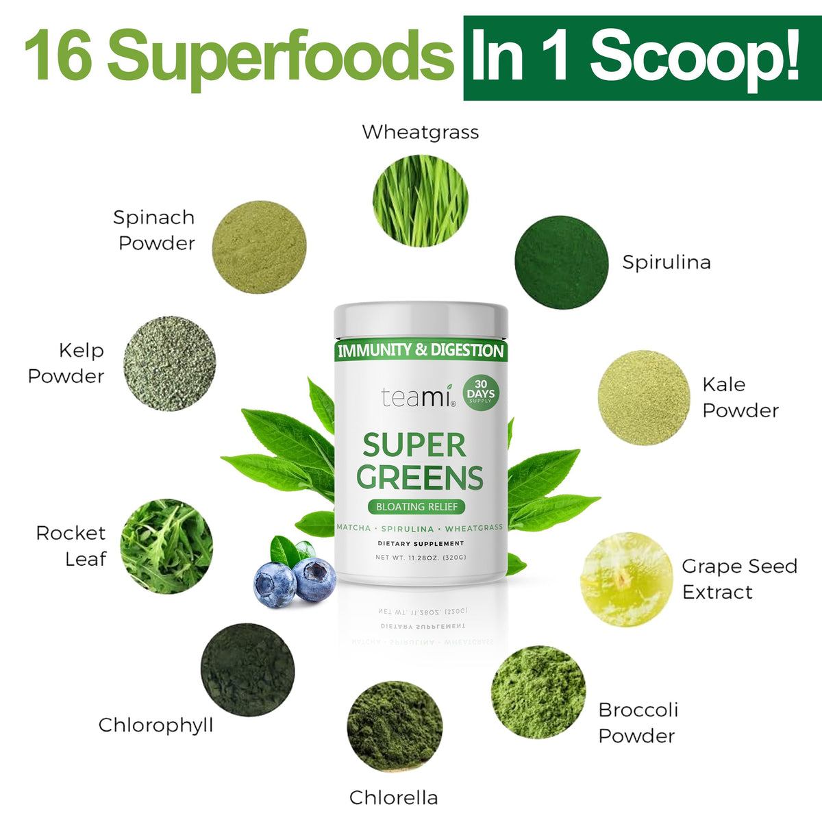 Teami Poudre de Super Greens Bio 390g en utilisation dans un smoothie