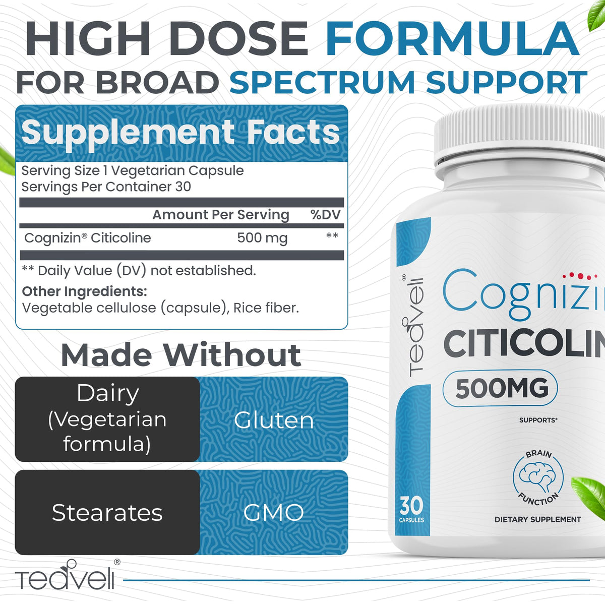 Teaveli Citicoline 500mg capsules arrière avec informations nutritionnelles