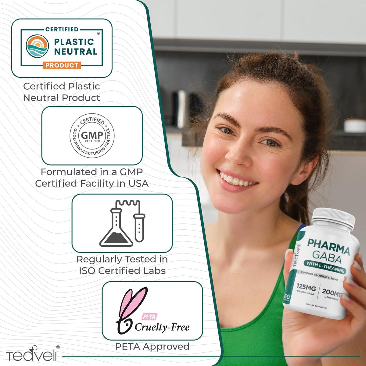 Teaveli GABA L-Theanine capsules sur une surface en bois
