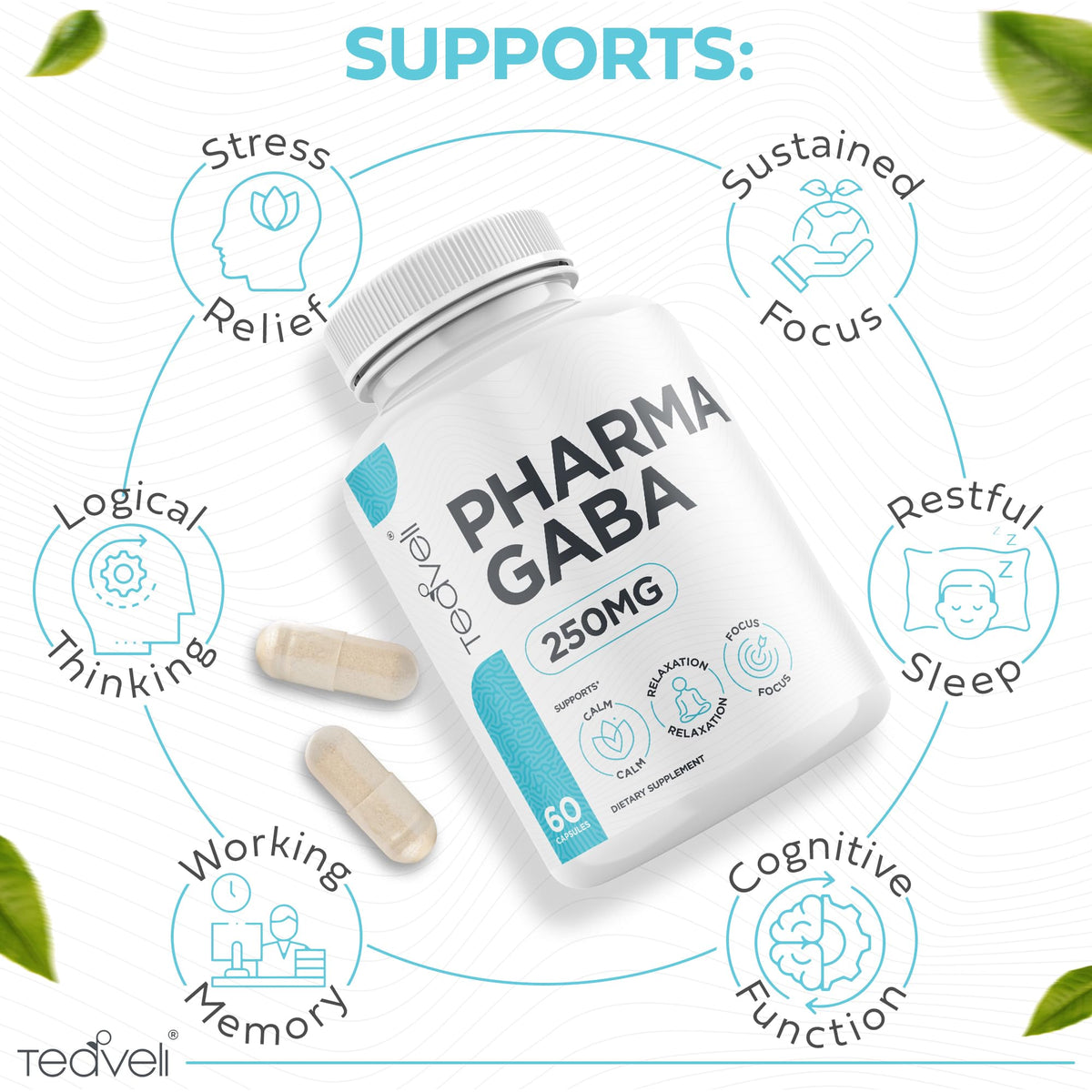 Teaveli Pharma GABA 250 mg emballage avec dimensions visibles
