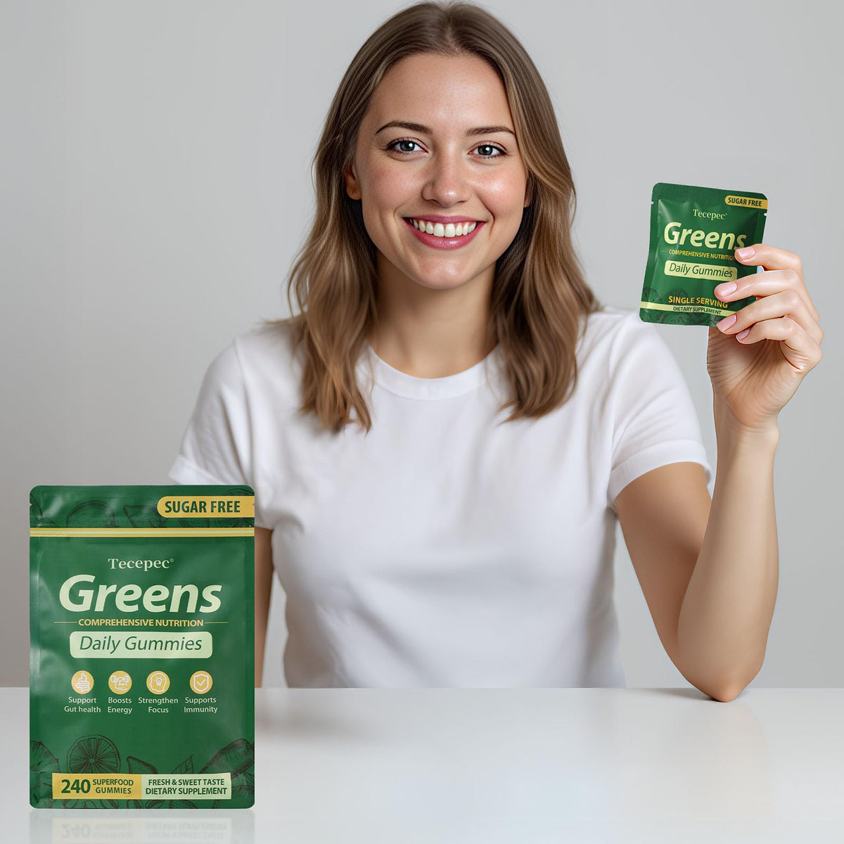 Tecepec Gummies Verts Sans Sucre gummies à côté de fruits et légumes