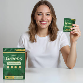 Tecepec Gummies Verts Sans Sucre gummies à côté de fruits et légumes