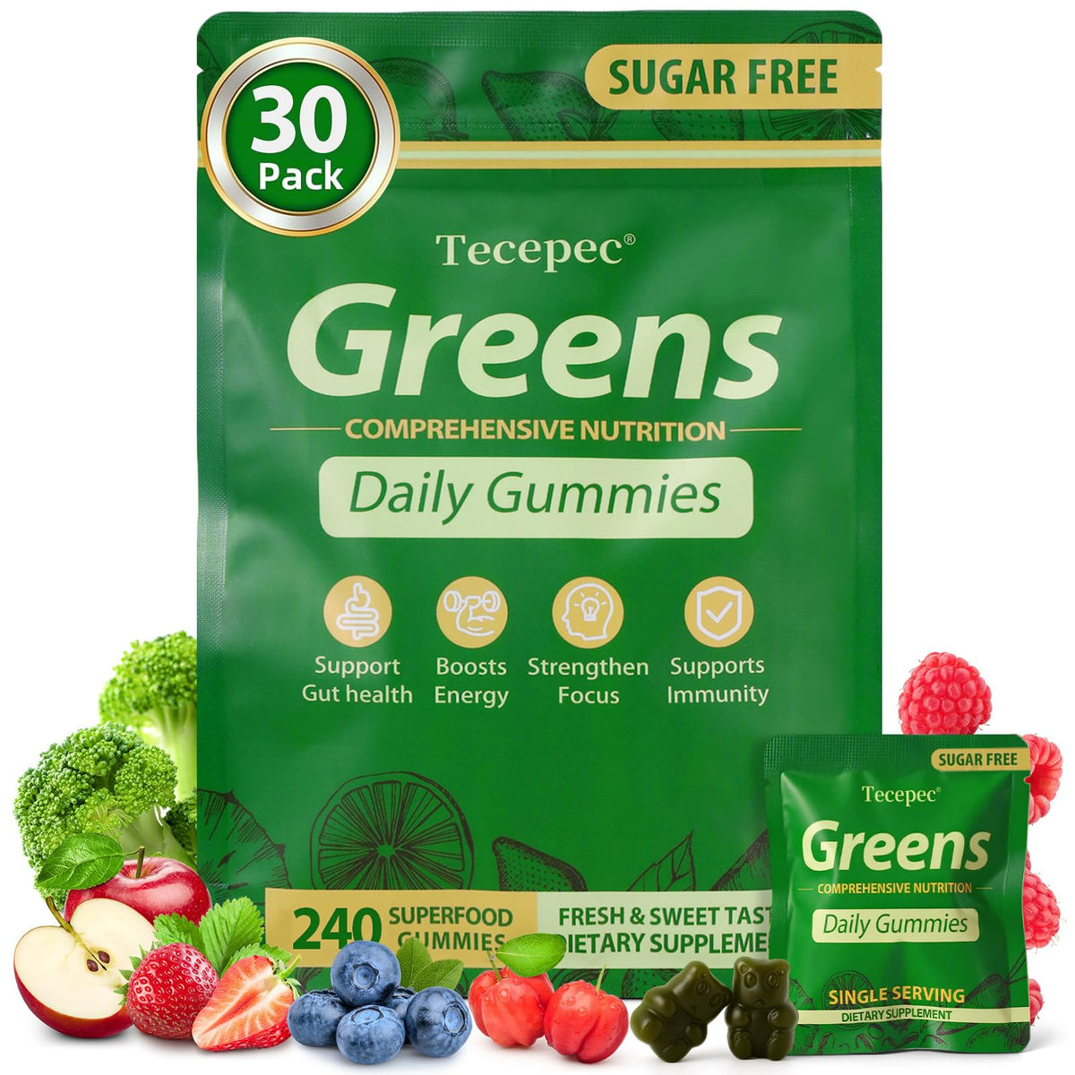 Tecepec Gummies Verts Sans Sucre paquet de 240 gummies