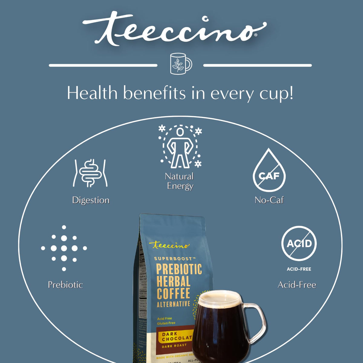 Teeccino Chocolat Noir 290g en poudre dans une cuillère