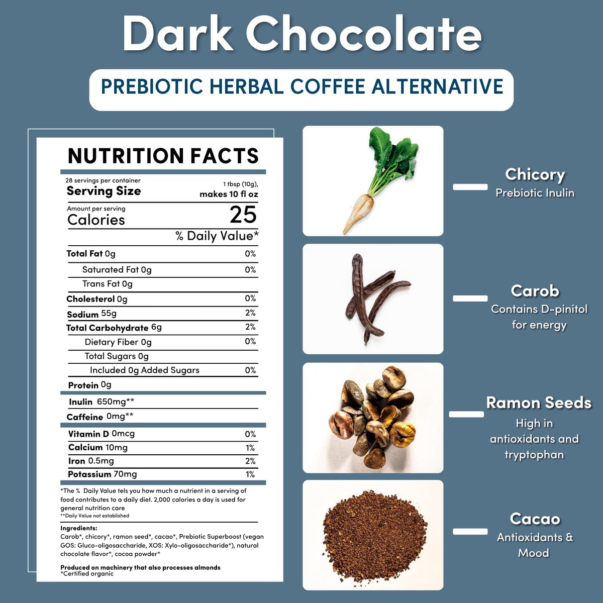 Teeccino Chocolat Noir 290g montrant les ingrédients sur l'emballage