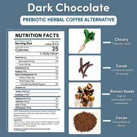 Teeccino Chocolat Noir 290g montrant les ingrédients sur l'emballage