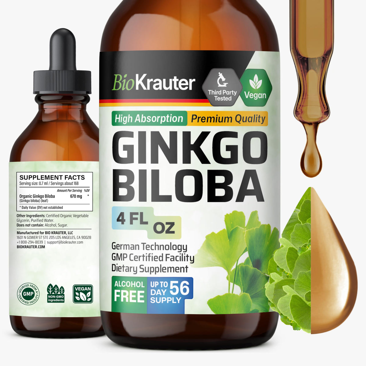 Teinture BIO KRAUTER Ginkgo Biloba 4 fl oz vue avant avec étiquette