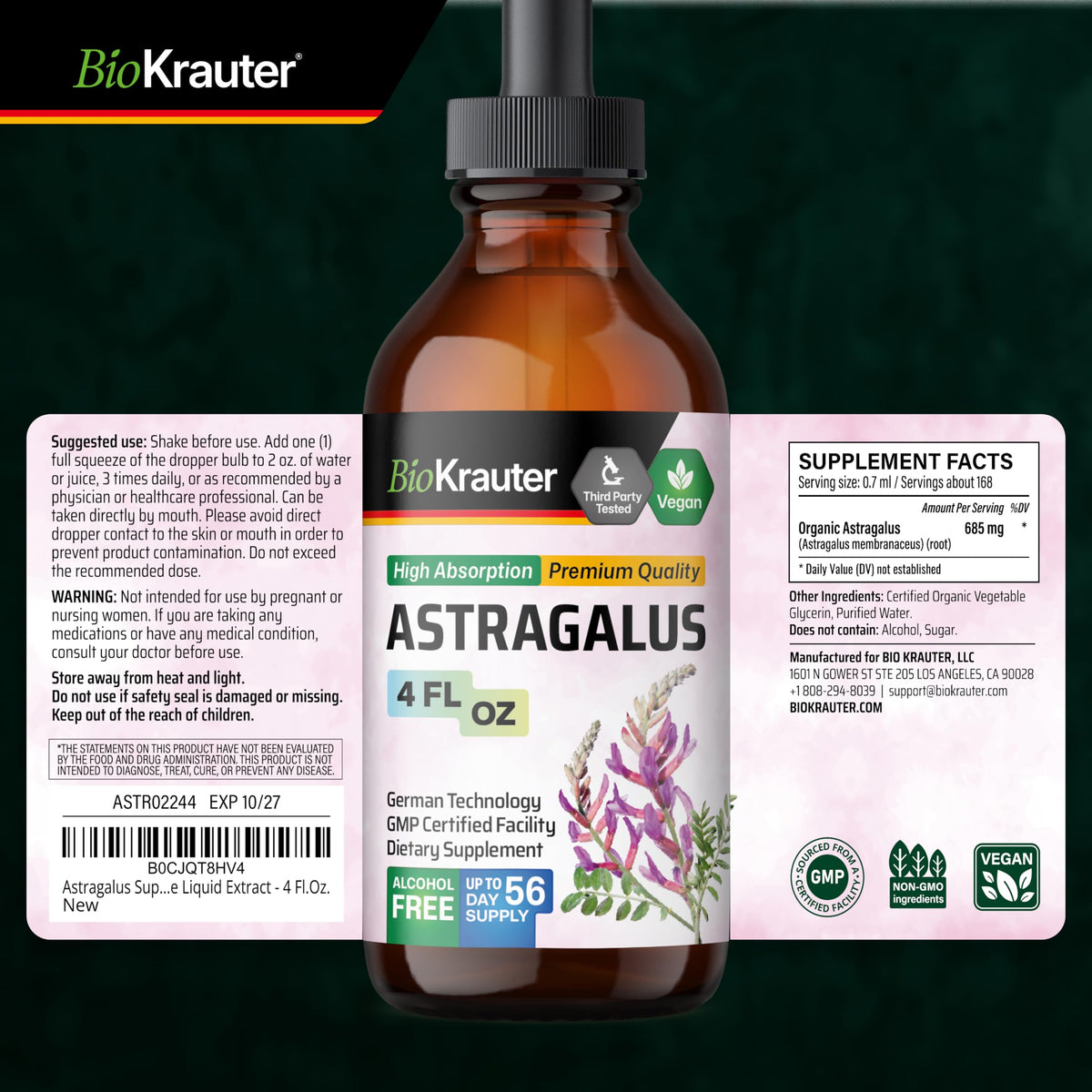 Teinture d'Astragale BIO KRAUTER à côté de gouttes sur une cuillère
