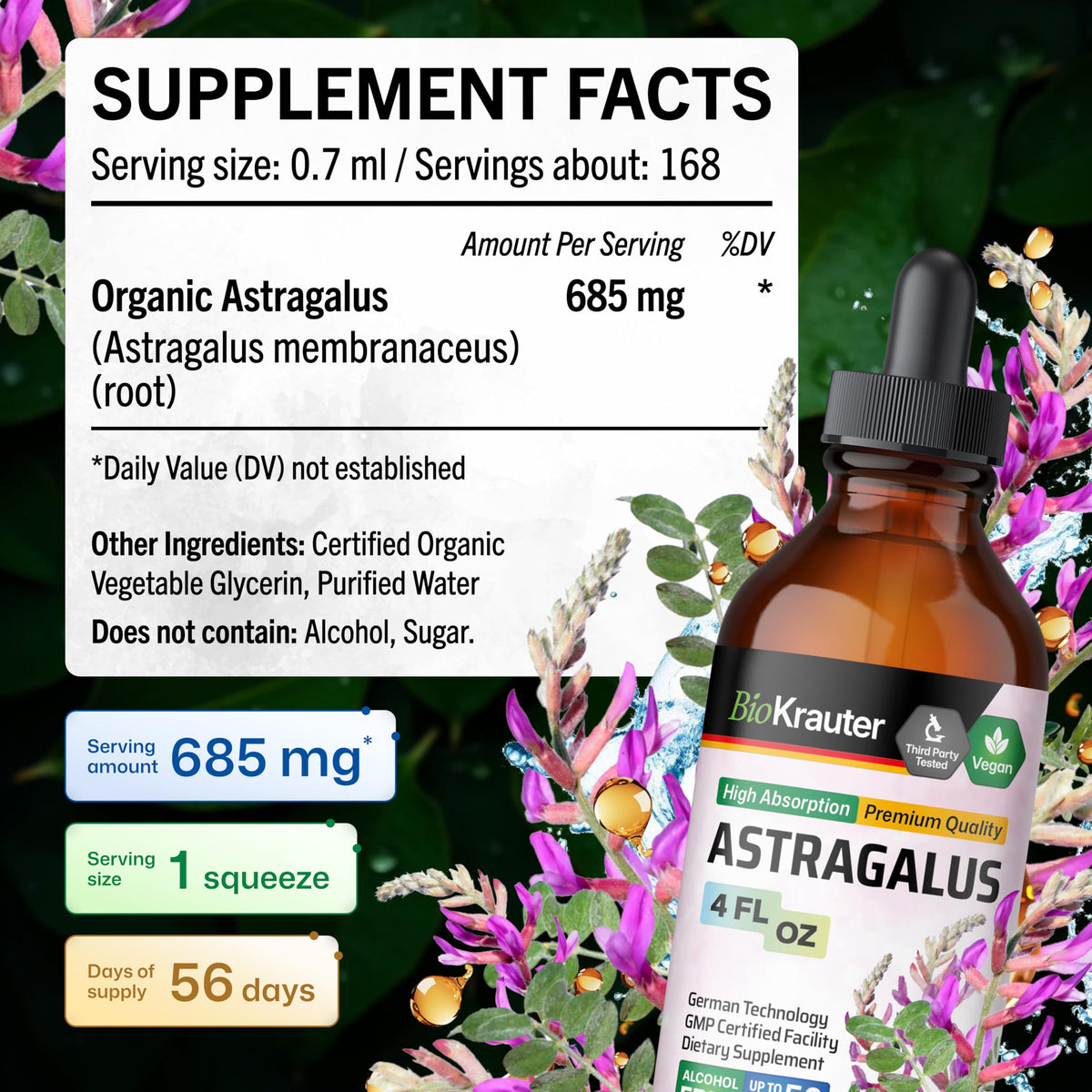 Teinture d'Astragale BIO KRAUTER dans un verre avec de l'eau