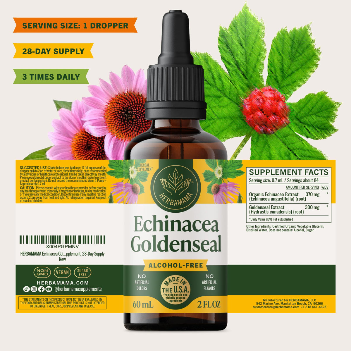 Teinture d'Echinacea Goldenseal HERBAMAMA avec un fond blanc