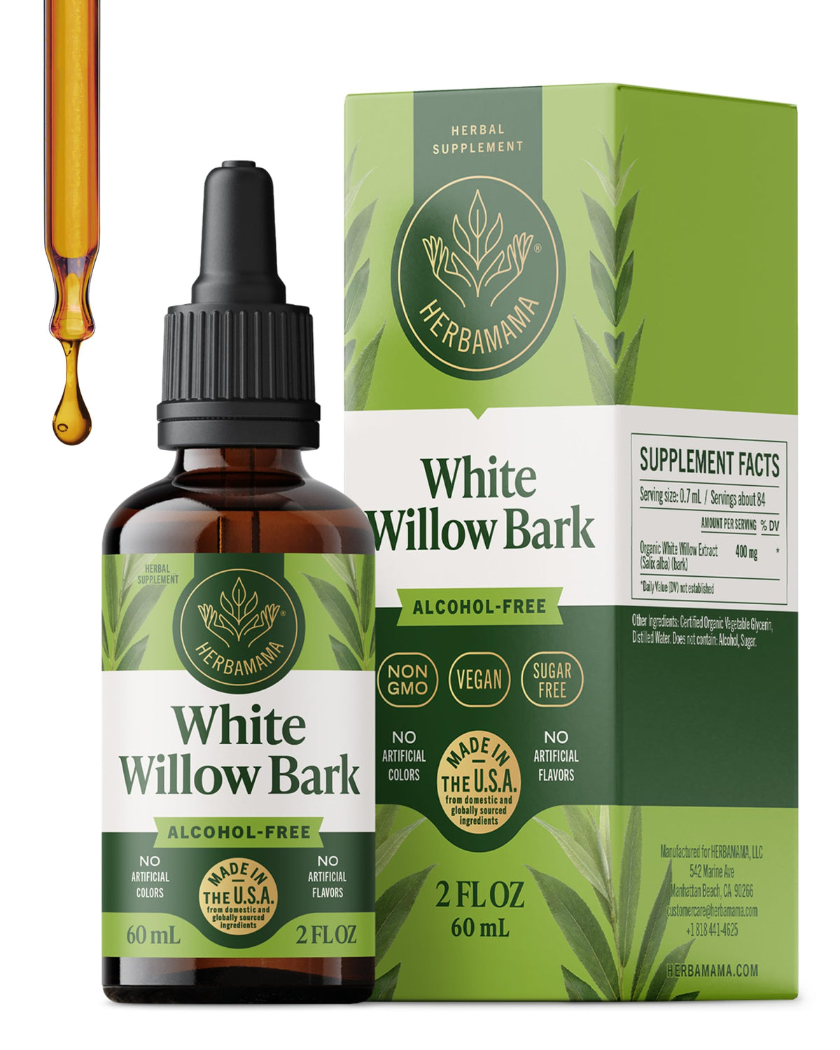 Teinture d'écorce de saule blanc HERBAMAMA, bouteille vue de face