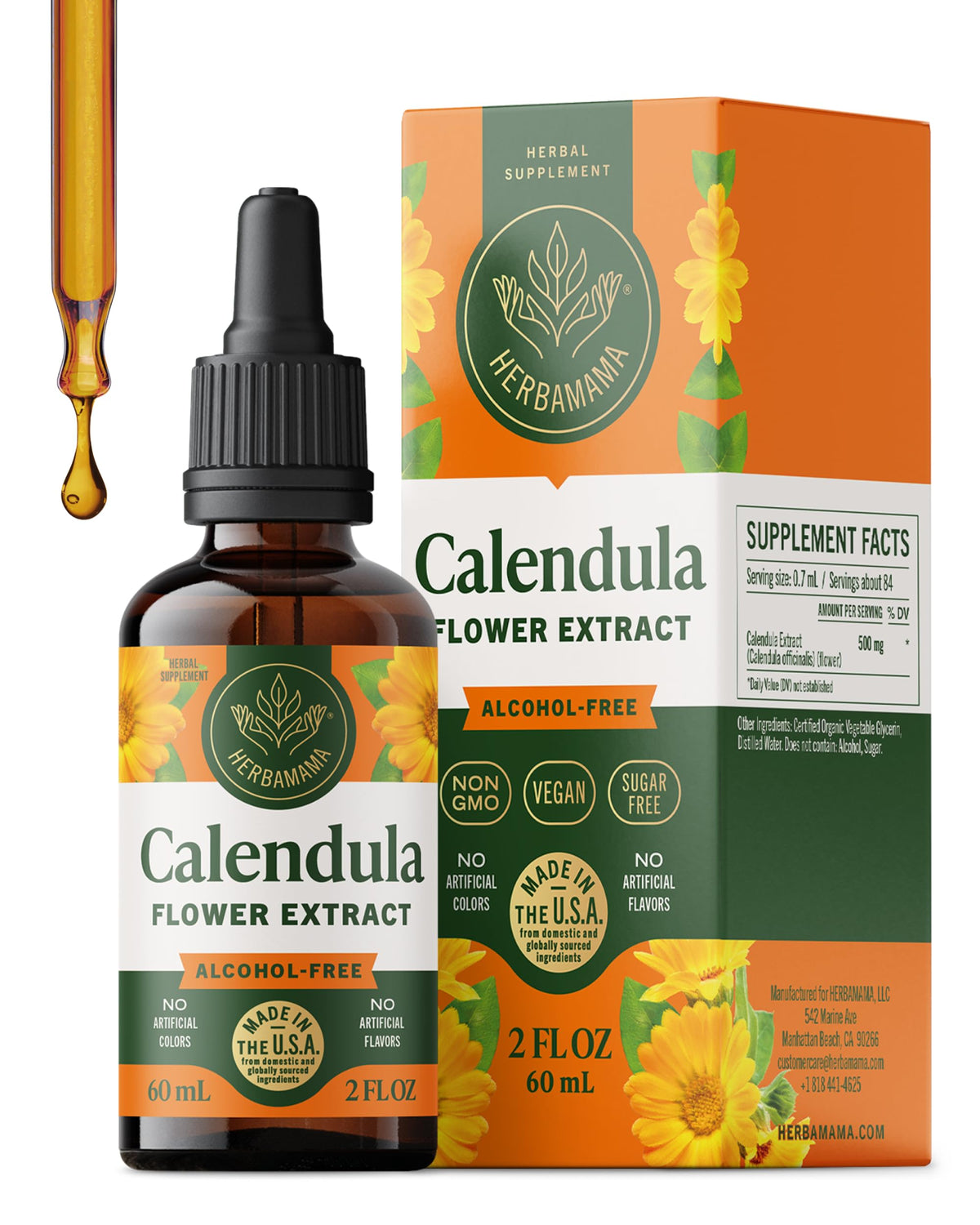 Teinture de Calendula HERBAMAMA 191g devant un fond neutre