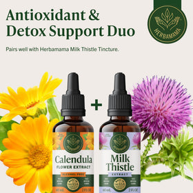 Teinture de Calendula HERBAMAMA avec des ingrédients naturels en arrière-plan