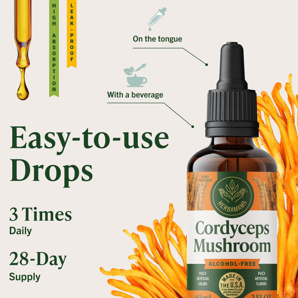 Teinture de champignon Cordyceps HERBAMAMA sur une table en bois
