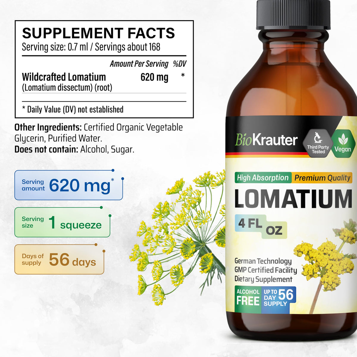 Teinture de Lomatium BIO KRAUTER sur une table en bois