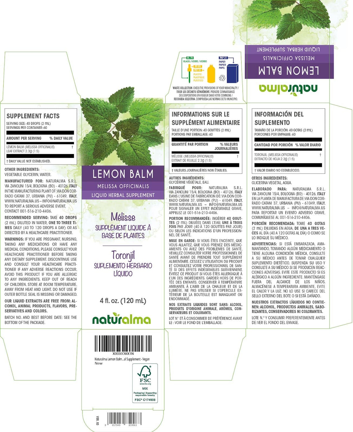 Teinture de mélisse Naturalma avec goutte à goutte