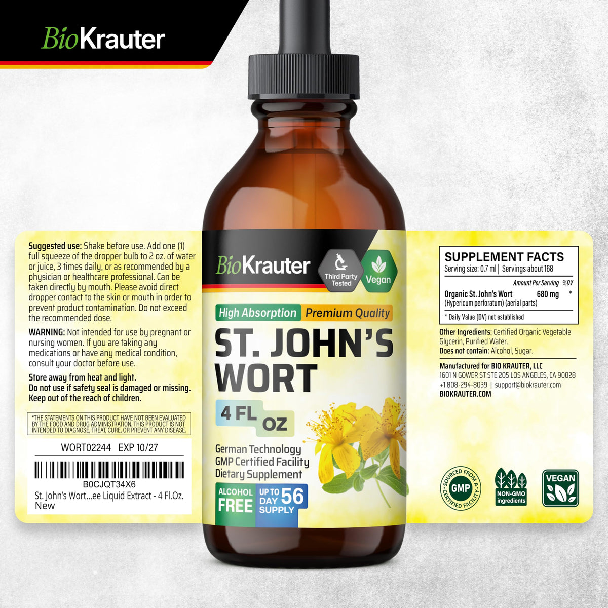 Teinture de millepertuis BIO KRAUTER avec goutte sur un verre