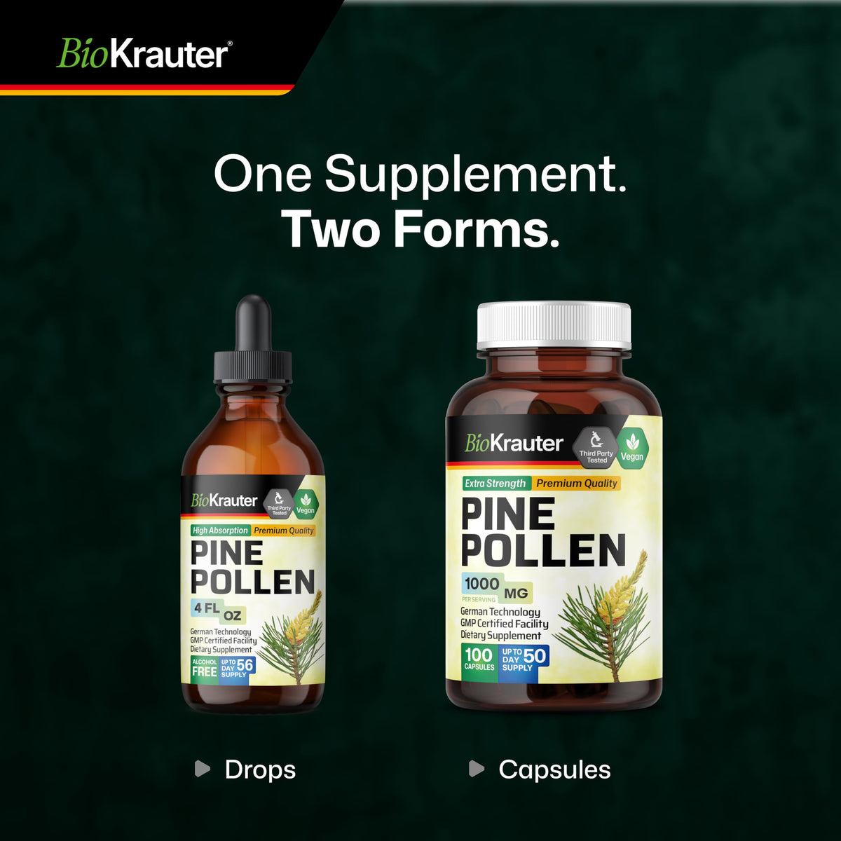 Teinture de pollen de pin BIO KRAUTER sur une table en bois