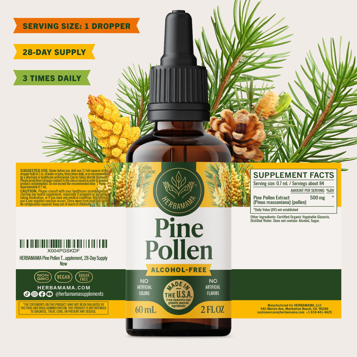 Teinture de pollen de pin HERBAMAMA avec verre d'eau et fruits