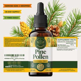Teinture de pollen de pin HERBAMAMA avec verre d'eau et fruits